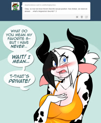 Size: 600x725 | Tagged: suggestive, artist:chalodillo, alejandra coldthorn (las lindas), bovid, cattle, cow, mammal, anthro, black body, black fur, blue eyes, blushing, breasts, cleavage, clothes, ears, female, fur, glasses, horns, shirt, solo, solo female, speech bubble, text, topwear, white body, white fur