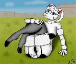 Size: 1280x1080 | Tagged: suggestive, alternate version, artist:demonkussh, oc, oc only, bovid, caprine, mammal, sheep, anthro, unguligrade anthro, 2021, anus, bedroom eyes, bra, breasts, butt, cameltoe, clothes, commission, digital art, ears, eyelashes, female, fur, hair, hooves, horn, lingerie, looking at you, nudity, panties, pink nose, sitting, solo, solo female, tail, thighs, underass, underwear, wide hips