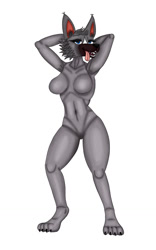 Size: 800x1280 | Tagged: suggestive, alternate version, artist:demonkussh, oc, oc only, canine, mammal, wolf, anthro, digitigrade anthro, 2021, belly button, black nose, breasts, clothes, digital art, ears, eyelashes, featureless breasts, featureless crotch, female, fur, hair, legwear, looking at you, nudity, open mouth, sharp teeth, solo, solo female, stockings, tail, teeth, thighs, tongue, tongue out, wide hips