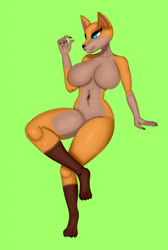 Size: 862x1280 | Tagged: suggestive, alternate version, artist:demonkussh, oc, oc only, canine, fox, mammal, anthro, digitigrade anthro, 2021, belly button, black nose, breasts, digital art, ears, eyelashes, featureless breasts, featureless crotch, female, fur, nudity, pose, solo, solo female, tail, thighs, vixen, wide hips