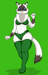 Size: 823x1280 | Tagged: safe, artist:demonkussh, oc, oc only, cat, feline, mammal, anthro, digitigrade anthro, 2021, art trade, belly button, bra, breasts, clothes, digital art, ears, eyelashes, female, fluff, fur, legwear, neck fluff, panties, pose, simple background, solo, solo female, stockings, tail, thighs, underwear, whiskers, wide hips