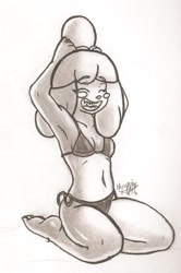 Size: 750x1130 | Tagged: safe, artist:howsplendid, isabelle (animal crossing), canine, dog, mammal, shih tzu, anthro, plantigrade anthro, animal crossing, nintendo, 2015, belly button, bikini, black nose, breasts, clothes, digital art, ears, eyelashes, eyes closed, female, fur, hair, kneeling, monochrome, open mouth, pose, simple background, solo, solo female, swimsuit, tail, thighs, tongue, wide hips