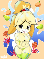 Size: 1125x1500 | Tagged: suggestive, artist:formula9, isabelle (animal crossing), canine, dog, mammal, shih tzu, anthro, animal crossing, nintendo, 2019, belly button, bikini, black nose, blushing, breasts, clothes, digital art, ears, eyelashes, female, fur, hair, looking at you, micro bikini, nipple slip, open mouth, pose, solo, solo female, swimsuit, tail, thighs, wardrobe malfunction, wide hips