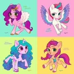 Size: 1080x1080 | Tagged: safe, artist:fezervelle, izzy moonbow (mlp), pipp petals (mlp), sunny starscout (mlp), zipp storm (mlp), earth pony, equine, fictional species, mammal, pegasus, pony, unicorn, feral, hasbro, my little pony, my little pony g5, my little pony: a new generation, spoiler:my little pony g5, 2021, feathered wings, feathers, female, flying, horn, mare, quartet, spread wings, tail, wings