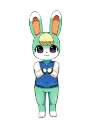 Size: 848x1114 | Tagged: safe, artist:sum, sasha (animal crossing), lagomorph, mammal, rabbit, anthro, animal crossing, animal crossing: new horizons, nintendo, 2021, blonde hair, blue jacket, bottomless, bunny ears, clothes, cute, digital art, ears, eyelashes, fur, hair, letterman jacket, looking at you, male, nudity, partial nudity, simple background, solo, solo male, tail, thighs, white background