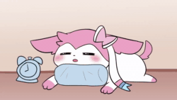 Size: 1280x720 | Tagged: safe, artist:sum, eeveelution, fictional species, glaceon, mammal, sylveon, feral, nintendo, pokémon, 2019, alarm clock, ambiguous gender, animated, bedroom eyes, clock, digital art, duo, duo ambiguous, ears, eyes closed, floppy ears, fur, gif, lying down, pillow, sitting, sleeping, sound, tail, thighs, unamused, webm