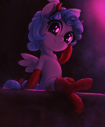 Size: 2480x3000 | Tagged: suggestive, artist:t72b, cozy glow (mlp), equine, fictional species, mammal, pegasus, pony, friendship is magic, hasbro, my little pony, bow, clothes, costume, curled hair, devil horns, female, filly, foal, freckles, hair, high res, hoof on cheek, hoofy-kicks, horns, legwear, looking at you, sitting, socks, solo, solo female, stockings, thigh highs, young