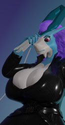 Size: 670x1280 | Tagged: suggestive, artist:xlkev, fictional species, legendary pokémon, suicune, anthro, nintendo, pokémon, 2021, 3d, blender, breasts, clothes, digital art, eyelashes, female, fur, hair, huge breasts, solo, solo female, suit, thighs, tight clothing, wide hips