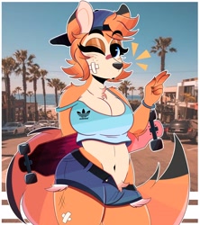 Size: 2800x3150 | Tagged: safe, artist:wirelessshiba, oc, oc only, oc:patty (fox-popvli), canine, fox, mammal, anthro, 2021, adidas, backwards ballcap, bandage, baseball cap, belly button, breasts, cap, chest fluff, cleavage, clothes, crop top, dipstick ears, dipstick tail, ears, eyeshadow, female, fluff, fur, hat, headwear, high res, logo, looking at you, makeup, midriff, one eye closed, orange body, orange fur, outdoors, short shorts, shoulder fluff, skateboard, solo, solo female, tail, tank top, topwear, vixen