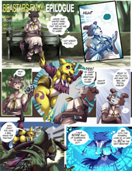 Size: 989x1280 | Tagged: suggestive, artist:nauyaco, juno (beastars), oc, oc:furrymon, canine, fictional species, hybrid, mammal, renamon, sakuyamon, wolf, anthro, comic:legosi and renamon, beastars, digimon, 2021, angry, bench, bikini, black nose, black sclera, breasts, clothes, colored sclera, comic, dialogue, digital art, digivice, dress, ears, eyelashes, featureless breasts, featureless crotch, fighting, fur, gritted teeth, kicking, looking at each other, nudity, open mouth, park, plant, sad, sharp teeth, shocked, sitting, speech bubble, swimsuit, tail, talking, teeth, text, thighs, tongue, tree