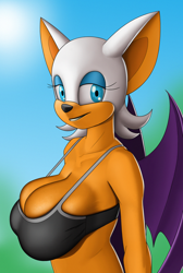 Size: 1078x1600 | Tagged: suggestive, artist:creatiffy, rouge the bat (sonic), bat, mammal, anthro, sega, sonic the hedgehog (series), 2021, bat wings, big breasts, black nose, bra, breasts, clothes, digital art, female, fur, looking at you, mask, side view, sideboob, solo, solo female, underwear, webbed wings, wings