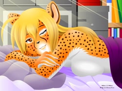 Size: 1280x960 | Tagged: suggestive, artist:evov1, oc, oc only, oc:mihari (scorpdk), cheetah, feline, mammal, anthro, 2014, bed, bedroom, black nose, blanket, blushing, breasts, chest fluff, commission, digital art, ears, eyelashes, female, fluff, fur, hair, indoors, looking at you, lying down, lying on bed, nudity, on bed, one eye closed, pillow, pose, sideboob, solo, solo female, spotted body, spotted fur