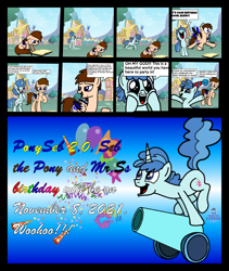 Size: 3388x4009 | Tagged: safe, artist:mrstheartist, party favor (mlp), oc, oc:seb the pony, equine, fictional species, mammal, pegasus, pony, unicorn, feral, friendship is magic, hasbro, my little pony, 2021, base used, big eyes, bipedal, birthday hat, black outline, comic, concentrating, cute, gradient background, gun, male, party cannon, ponyville, reading, running, shouting, stallion, upcoming birthday