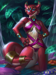 Size: 750x1000 | Tagged: safe, artist:levelviolet, fictional species, kobold, reptile, anthro, clothes, ear piercing, earring, female, horn jewelry, horns, jewelry, kneeling, piercing, solo, solo female, swimsuit, tail, tail jewelry