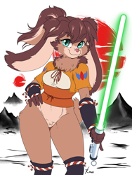 Size: 1125x1500 | Tagged: safe, artist:atticus-kotch, lop (star wars: visions), lagomorph, mammal, rabbit, anthro, star wars, star wars: visions, 2021, breasts, brown hair, clothes, commission, female, hair, lightsaber, long ears, looking at you, short tail, smiling, smiling at you, solo, solo female, tail, thick thighs, thighs, weapon
