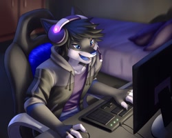 Size: 1280x1024 | Tagged: safe, artist:pak009, oc, oc only, canine, mammal, wolf, anthro, 2018, bed, bedroom, blue nose, bottomwear, chair, clothes, commission, computer, digital art, ears, fur, gamer, hair, indoors, jacket, keyboard, male, open mouth, pants, pillow, shirt, sitting, solo, solo male, tongue, topwear