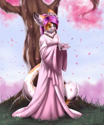 Size: 1067x1280 | Tagged: safe, artist:pak009, oc, oc only, cat, feline, mammal, anthro, 2018, bedroom eyes, breasts, cherry blossoms, commission, digital art, ears, eyelashes, female, fur, hair, japan, japanese, kimono (clothing), pink nose, plant, solo, solo female, tail, tree