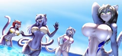 Size: 1280x589 | Tagged: safe, artist:pak009, oc, oc only, big cat, feline, mammal, tiger, anthro, 2017, absolute cleavage, arms behind back, beach, bedroom eyes, belly button, big breasts, bikini, black nose, breasts, cleavage, clothes, cloud, commission, digital art, ears, eyelashes, female, female/female, females only, fur, group, hair, hand on hip, looking at each other, midriff, ocean, one-piece swimsuit, open mouth, pink nose, pose, sharp teeth, skinny dipping, sky, string bikini, striped body, striped fur, swimsuit, tail, teeth, thighs, tongue, water, wide hips