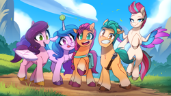 Size: 2500x1406 | Tagged: safe, artist:light262, hitch trailblazer (mlp), izzy moonbow (mlp), pipp petals (mlp), sunny starscout (mlp), zipp storm (mlp), earth pony, equine, fictional species, mammal, pegasus, pony, unicorn, feral, hasbro, my little pony, my little pony g5, my little pony: a new generation, spoiler:my little pony g5, 2021, :p, ball, chest fluff, coat markings, eyebrow through hair, eyebrows, feathered wings, feathers, female, fluff, flying, folded wings, grin, group, hair, hooves, horn, male, mare, open mouth, open smile, outdoors, raised hoof, smiling, socks (coat markings), spread wings, stallion, tennis ball, tongue, tongue out, wings