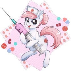 Size: 935x930 | Tagged: safe, artist:toxiccolour, nurse redheart (mlp), earth pony, equine, fictional species, mammal, pony, feral, friendship is magic, hasbro, my little pony, 2021, clothes, eyelashes, female, fur, hair, hat, headwear, mane, mare, needle, nurse hat, open mouth, pink hair, pink mane, solo, solo female, tail, white body, white fur