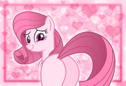 Size: 1705x1168 | Tagged: suggestive, artist:muhammad yunus, oc, oc only, oc:annisa trihapsari, earth pony, equine, fictional species, mammal, pony, feral, friendship is magic, hasbro, my little pony, abstract background, butt, butt focus, female, hair, heart, looking at you, looking back, looking back at you, mane, mare, pink, pink eyes, pink hair, pink mane, pink tail, signature, smiling, smiling at you, solo, solo female, tail