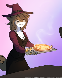 Size: 1025x1295 | Tagged: safe, artist:twokinds, kat (twokinds), fictional species, keidran, mammal, anthro, twokinds, 2021, clothes, female, food, halloween, hat, headwear, holiday, pie, solo, solo female, witch hat