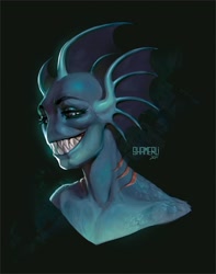 Size: 1859x2362 | Tagged: safe, artist:shamerli, oc, oc:xasaviko, fish, anthro, bedroom eyes, female, grin, looking at you, sharp teeth, smiling, smiling at you, solo, solo female, teeth