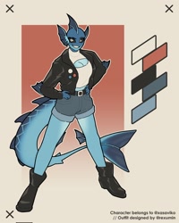 Size: 1638x2048 | Tagged: safe, artist:rexumin, oc, oc:xasaviko, fish, anthro, belt, big breasts, boob window, boots, bottomwear, breasts, clothes, female, fins, fish tail, jacket, leather jacket, looking at you, shoes, shorts, smiling, smiling at you, solo, solo female, tail, topwear