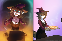 Size: 2240x1508 | Tagged: safe, artist:twokinds, kat (twokinds), fictional species, keidran, mammal, anthro, twokinds, 2021, abstract background, breasts, brown hair, cauldron, clothes, cooking, digital art, eyelashes, eyes closed, fangs, female, food, fur, hair, halloween, hat, headwear, holiday, multicolored fur, open mouth, pie, sharp teeth, solo, solo female, spots, spotted fur, steam, tan body, tan fur, teal eyes, teeth, two toned body, two toned fur, white body, white fur, witch hat