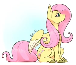 Size: 1818x1548 | Tagged: safe, artist:baitslament, fluttershy (mlp), equine, fictional species, mammal, pegasus, pony, feral, friendship is magic, hasbro, my little pony, 2021, colored hooves, colored wings, feathered wings, feathers, female, fur, hair, hooves, mane, mare, pink hair, pink mane, pink tail, profile, side view, signature, sitting, smiling, solo, solo female, tail, two toned wings, wings, yellow body, yellow fur