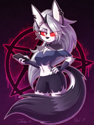 Size: 2632x3508 | Tagged: safe, artist:dandy, artist:vitaldatch, collaboration, loona (vivzmind), canine, fictional species, hellhound, mammal, anthro, hazbin hotel, helluva boss, 2021, breasts, cell phone, clothes, ears, female, hair, high res, long hair, pentagram, phone, silver hair, smartphone, solo, solo female, tail, thighs