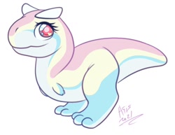 Size: 1228x946 | Tagged: safe, artist:dragonasis, carnotaurus, dinosaur, reptile, theropod, feral, 2021, ambiguous gender, blue body, colored pupils, food, heart, heart eyes, marshmallow, pink body, signature, solo, solo ambiguous, white body, wingding eyes, yellow body