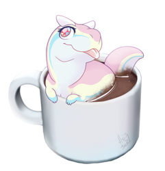 Size: 964x1000 | Tagged: safe, artist:dragonasis, oc, oc only, carnotaurus, dinosaur, reptile, theropod, feral, 2021, ambiguous gender, blep, blue body, coffee, coffee mug, colored pupils, cute, drink, food, heart, heart eyes, marshmallow, micro, partially submerged, pink body, signature, simple background, solo, solo ambiguous, tail, tongue, tongue out, white background, white body, wingding eyes, yellow body