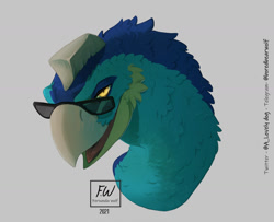 Size: 1280x1038 | Tagged: safe, artist:nanda-chan, oc, oc only, dinosaur, feathered dinosaur, ambiguous form, 2021, ambiguous gender, beak, blue feathers, bust, feathers, glasses, gray background, open mouth, portrait, simple background, solo, solo ambiguous, sunglasses, yellow eyes
