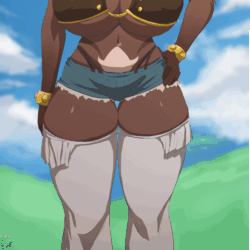 Size: 1280x1280 | Tagged: safe, artist:viejillox, bovid, goat, mammal, anthro, 2021, animated, arm under breasts, big breasts, breasts, clothes, ears, female, gif, hair, horns, liru, looking at you, smiling, smiling at you, solo, solo female, thick thighs, thighs, white hair