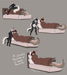 Size: 1600x1780 | Tagged: safe, artist:wmdiscovery93, oc, oc:gwen (wmdiscovery93), oc:haley (wmdiscovery93), canine, mammal, wolf, anthro, taur, bed, blanket, comic, female, happy, intersex, intersex female, kiss on the cheek, kissing, pillow, tail