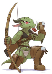 Size: 1414x2000 | Tagged: safe, artist:sat_v12, fictional species, kobold, reptile, anthro, 2021, abs, arrow, boots, bow (weapon), clothes, female, horns, muscles, muscular female, panties, red eyes, scar, shoes, simple background, solo, solo female, underwear, weapon, white background