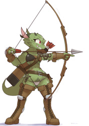 Size: 1414x2000 | Tagged: safe, artist:sat_v12, fictional species, kobold, reptile, anthro, 2021, abs, arrow, boots, bow (weapon), clothes, female, horns, muscles, muscular female, panties, scar, shoes, simple background, solo, solo female, tail, underwear, weapon, white background