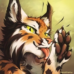 Size: 600x600 | Tagged: safe, artist:neothetaa, oc, oc only, feline, lynx, mammal, semi-anthro, 2021, abstract background, ambiguous gender, behaving like a cat, bust, claws, cute, digital art, ear fluff, fangs, featured image, fluff, fur, licking, paw pads, paws, sharp teeth, signature, slit pupils, snout, solo, solo ambiguous, spots, spotted fur, teeth, tongue, tongue out, underpaw