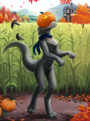 Size: 1461x1964 | Tagged: safe, artist:twokinds, lizard, reptile, anthro, digitigrade anthro, twokinds, 2021, male, pumpkin, solo, solo male, statue, stoneward (twokinds), tail, vegetables