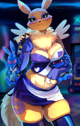 Size: 638x1000 | Tagged: safe, artist:skeleion, fictional species, lucario, mammal, renamon, anthro, digimon, nintendo, pokémon, 2021, big breasts, breasts, clothes, ears, female, looking at you, plushie, smiling, smiling at you, solo, solo female, tail, thick thighs, thighs