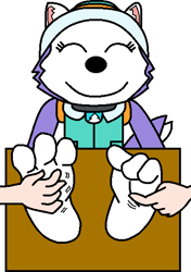 Size: 384x547 | Tagged: safe, artist:mega-poneo, everest (paw patrol), canine, dog, human, husky, mammal, semi-anthro, nickelodeon, paw patrol, barefoot, clothes, female, foot fetish, hands, hat, headwear, jacket, low res, offscreen character, self upload, soles, tickling, toes, topwear, wiggling toes