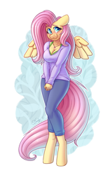 Size: 2208x3508 | Tagged: safe, artist:dandy, fluttershy (mlp), equine, fictional species, mammal, pegasus, pony, anthro, unguligrade anthro, friendship is magic, hasbro, my little pony, 2021, :3, anthrofied, big breasts, blushing, bottomwear, bra, breasts, cleavage, clothes, cute, eyebrows, eyelashes, feathered wings, feathers, female, floppy ears, fur, hair, high res, hooves, looking at you, mare, pants, pink hair, pink tail, shirt, shy, signature, smiling, solo, solo female, tail, teal eyes, topwear, underwear, wings, yellow body, yellow fur