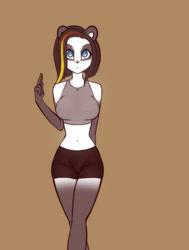 Size: 1363x1800 | Tagged: safe, artist:scorpdk, bear, mammal, panda, anthro, 2021, belly button, blue eyes, bottomwear, breasts, clothes, colored pupils, crop top, eyebrows, female, fur, gesture, hair, looking at you, midriff, short hair, shorts, solo, solo female, tank top, topwear, white pupils