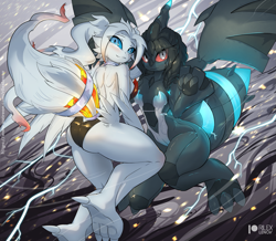 Size: 1409x1230 | Tagged: safe, artist:rilexlenov, fictional species, legendary pokémon, reshiram, zekrom, anthro, cc by-nc-sa, creative commons, nintendo, pokémon, 2021, anthrofied, black body, breasts, butt, clothes, duo, duo female, female, females only, looking at you, smiling, smiling at you, tail, thighs, wings