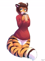 Size: 3050x4096 | Tagged: safe, artist:red3engine, oc, oc only, oc:alex marx, big cat, feline, mammal, tiger, anthro, 2021, breasts, brown hair, clothes, ears, female, hair, solo, solo female, tail, thick thighs, thighs, tigress