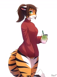 Size: 3050x4096 | Tagged: safe, artist:red3engine, oc, oc only, oc:alex marx, big cat, feline, mammal, tiger, anthro, 2021, breasts, brown hair, clothes, ears, female, hair, looking at you, solo, solo female, tail, thick thighs, thighs, tigress