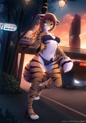 Size: 2867x4096 | Tagged: safe, alternate version, artist:red3engine, oc, oc only, oc:alex marx, big cat, feline, mammal, tiger, anthro, plantigrade anthro, 2021, breasts, brown hair, clothes, commission, ears, female, hair, high heels, shoes, smiling, solo, solo female, tail, thick thighs, thighs, tigress