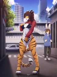 Size: 3069x4096 | Tagged: suggestive, artist:red3engine, oc, oc only, oc:alex marx, big cat, feline, lagomorph, mammal, rabbit, tiger, anthro, 2021, breasts, brown hair, clothes, commission, duo, ears, female, female focus, hair, looking at you, male, smiling, smiling at you, solo focus, tail, thick thighs, thighs, tigress