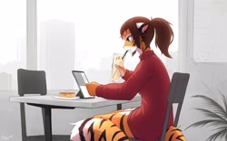 Size: 2560x1600 | Tagged: safe, artist:red3engine, oc, oc only, oc:alex marx, big cat, feline, mammal, tiger, anthro, 2021, 8:5, breasts, brown hair, clothes, ears, female, hair, solo, solo female, tail, thick thighs, thighs, tigress